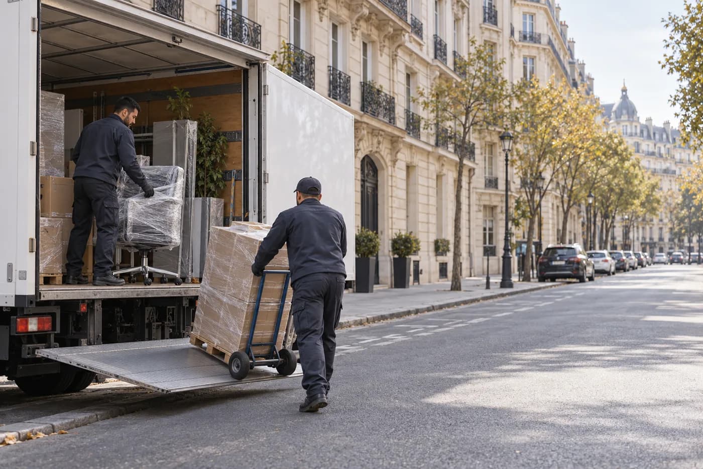 Équipe professionnelle chargeant du mobilier dans un camion à Paris