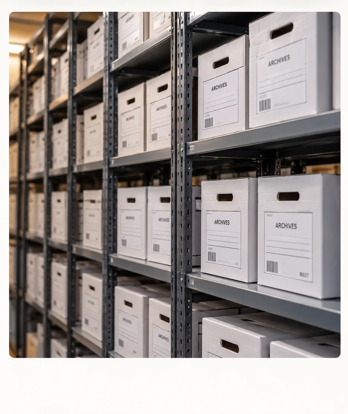 Boîtes d’archives identifiées et rangées sur des rayonnages professionnels