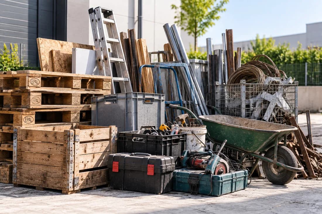 Palettes, caisses, outillage et matériaux divers issus d’une activité professionnelle