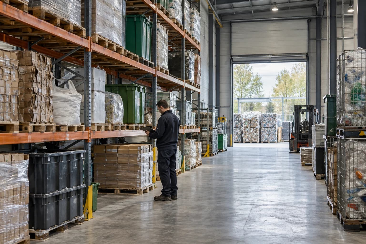 Opérateur dans un entrepôt industriel avec rayonnages et palettes