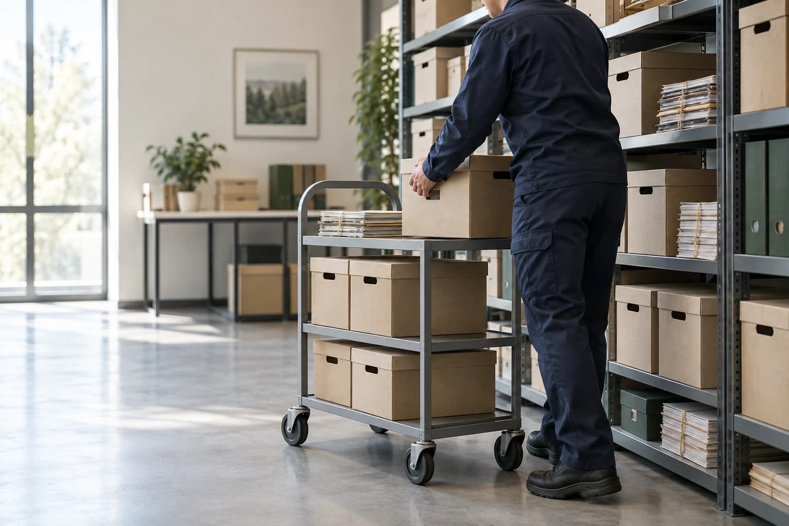 Professionnel organisant des boîtes d’archives dans une salle de stockage