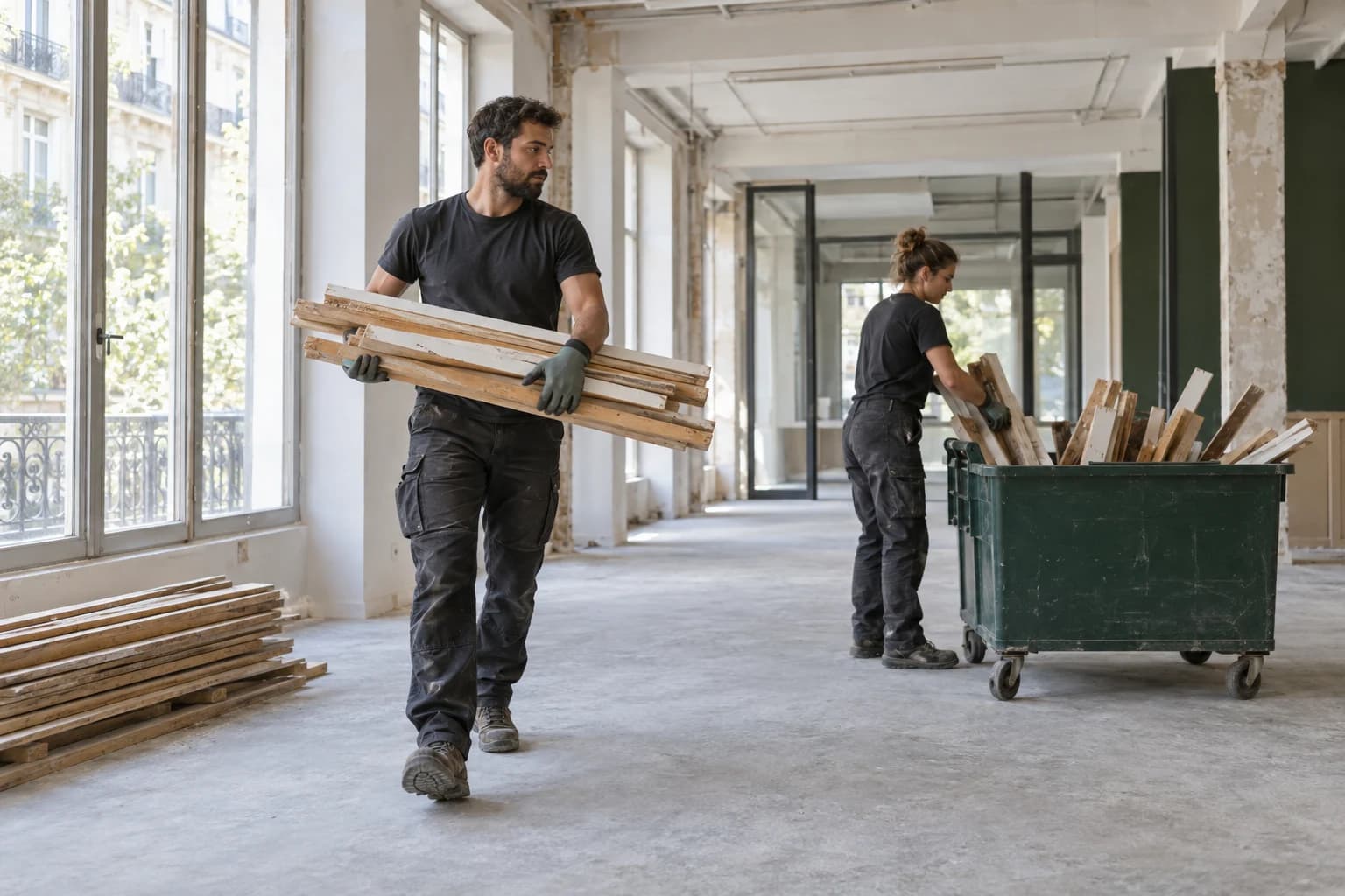 Deux professionnels évacuant du bois dans un local commercial en préparation