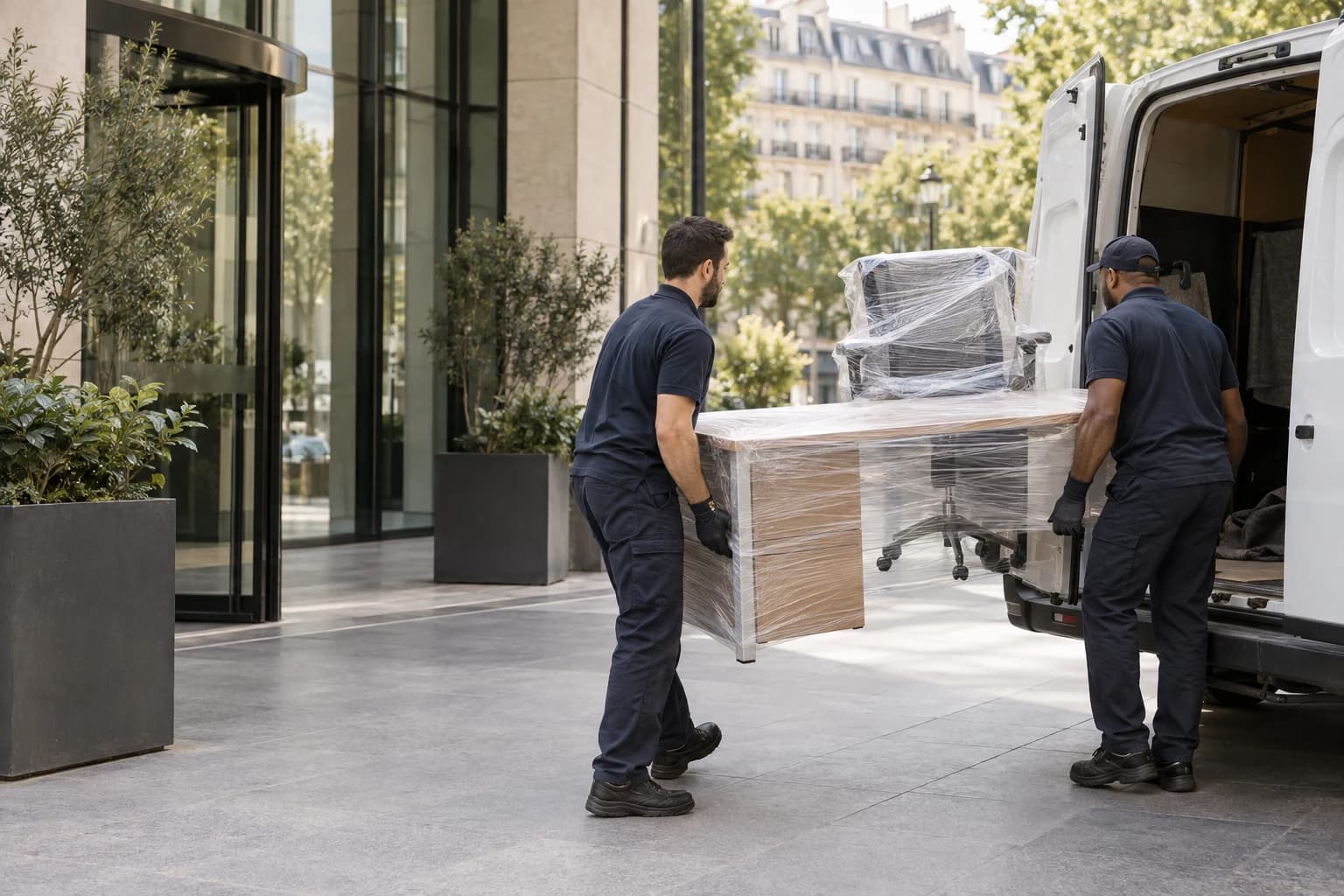 Deux professionnels évacuant du mobilier de bureau vers un utilitaire non marqué