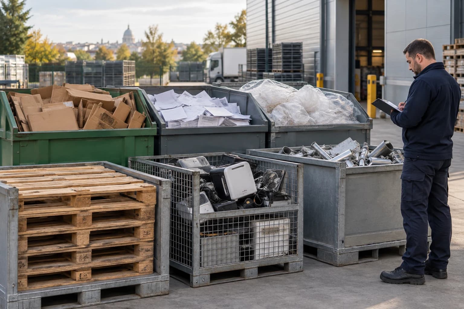 Zone de collecte professionnelle avec des matériaux triés par catégorie