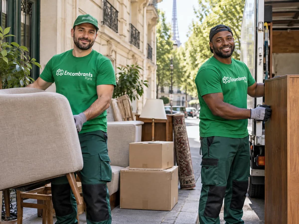 Deux agents Encombrants Paris préparant une collecte de mobilier